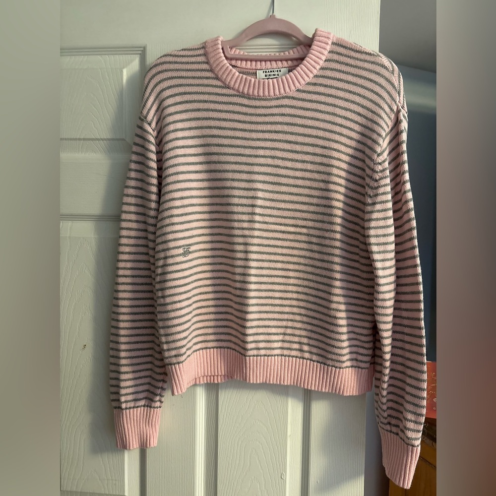 Frankie’s Bikinis Knit Pink and Gray Striped Sweater
